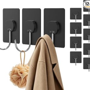 JINSHUNFA Adhesive Wall Hooks Heavy Duty No Drill Large Transparent Waterproof Hooks for Bathroom Kitchen Towel Coat 12 Pack Black