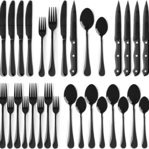 Astercook 24-Piece Black Silverware Set with Steak Knives Flatware Set for 4 Food-Grade Stainless Steel Cutlery Set Mirror Polished Utensils Set Include Spoons and Forks for Home Kitchen Restaurant